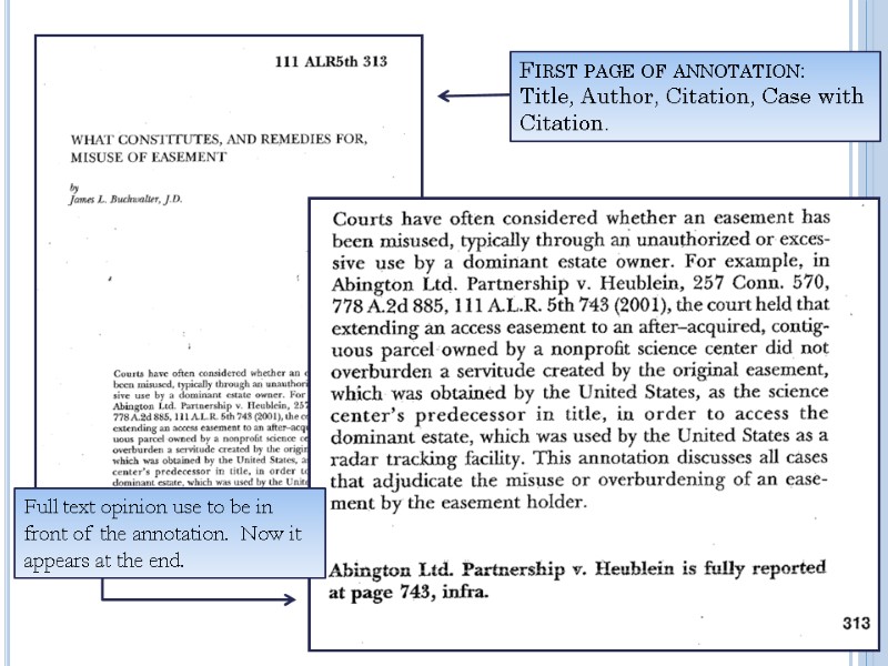First page of annotation:  Title, Author, Citation, Case with Citation. Full text opinion